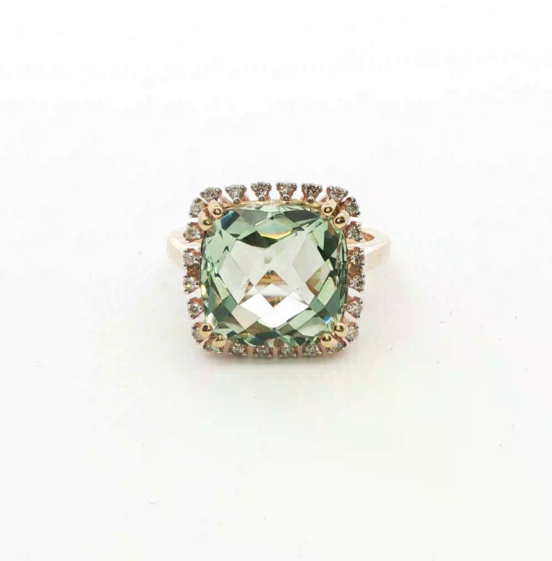 9ct Yellow Gold Green Amethyst & Diamond Dress Ring
