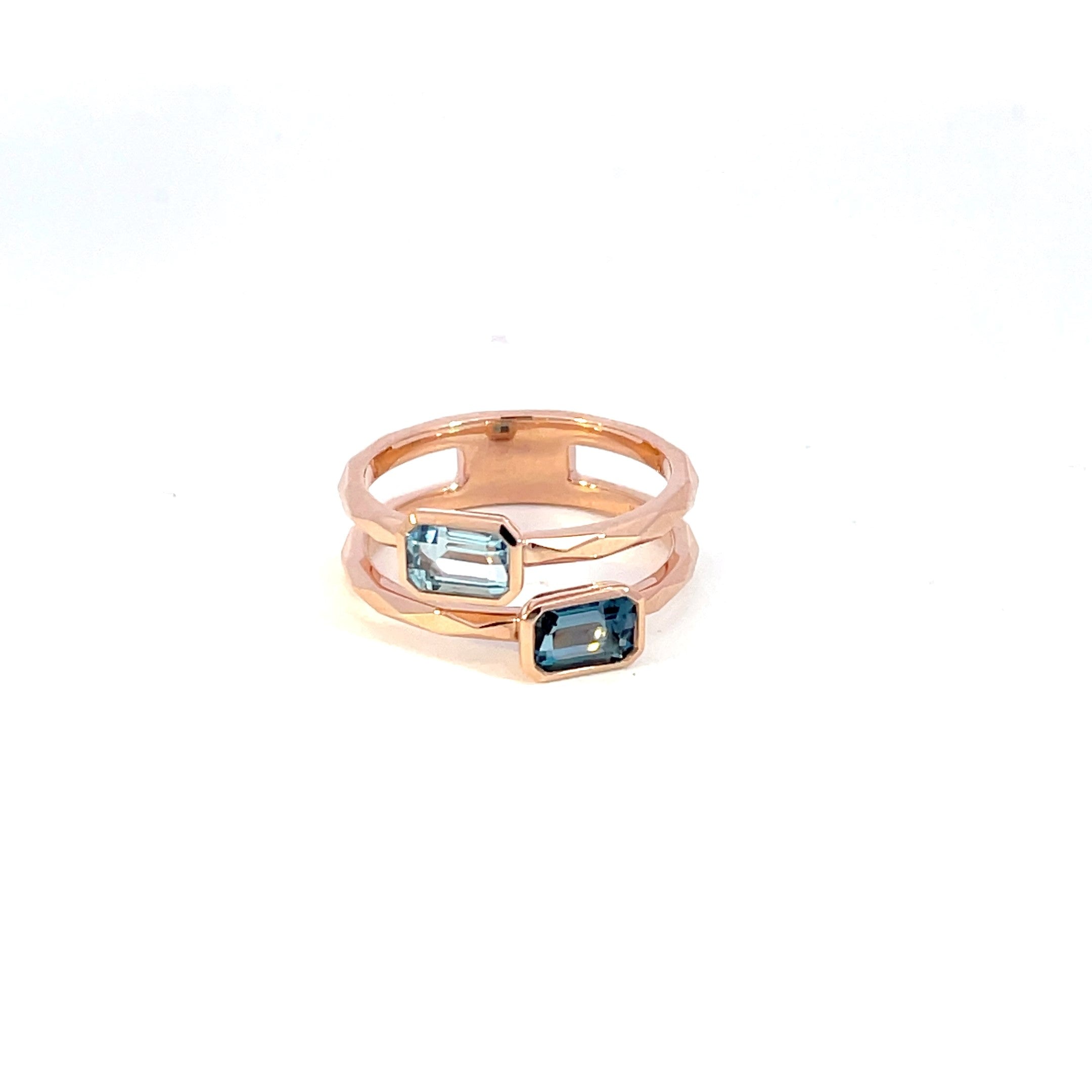 9ct rose gold London blue and blue topaz emerald cut duo ring