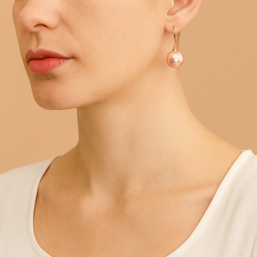 9ct Yellow Gold Hooks with 14mm Round Pink Fresh Water Pearls