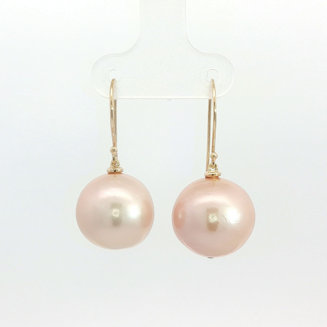 9ct Yellow Gold Hooks with 14mm Round Pink Fresh Water Pearls