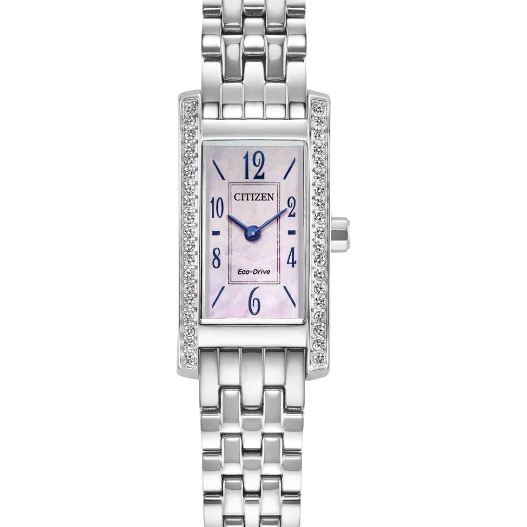 Stainless steel Ladies Eco-Drive crystal set Mother of Pearl Dial blue markers