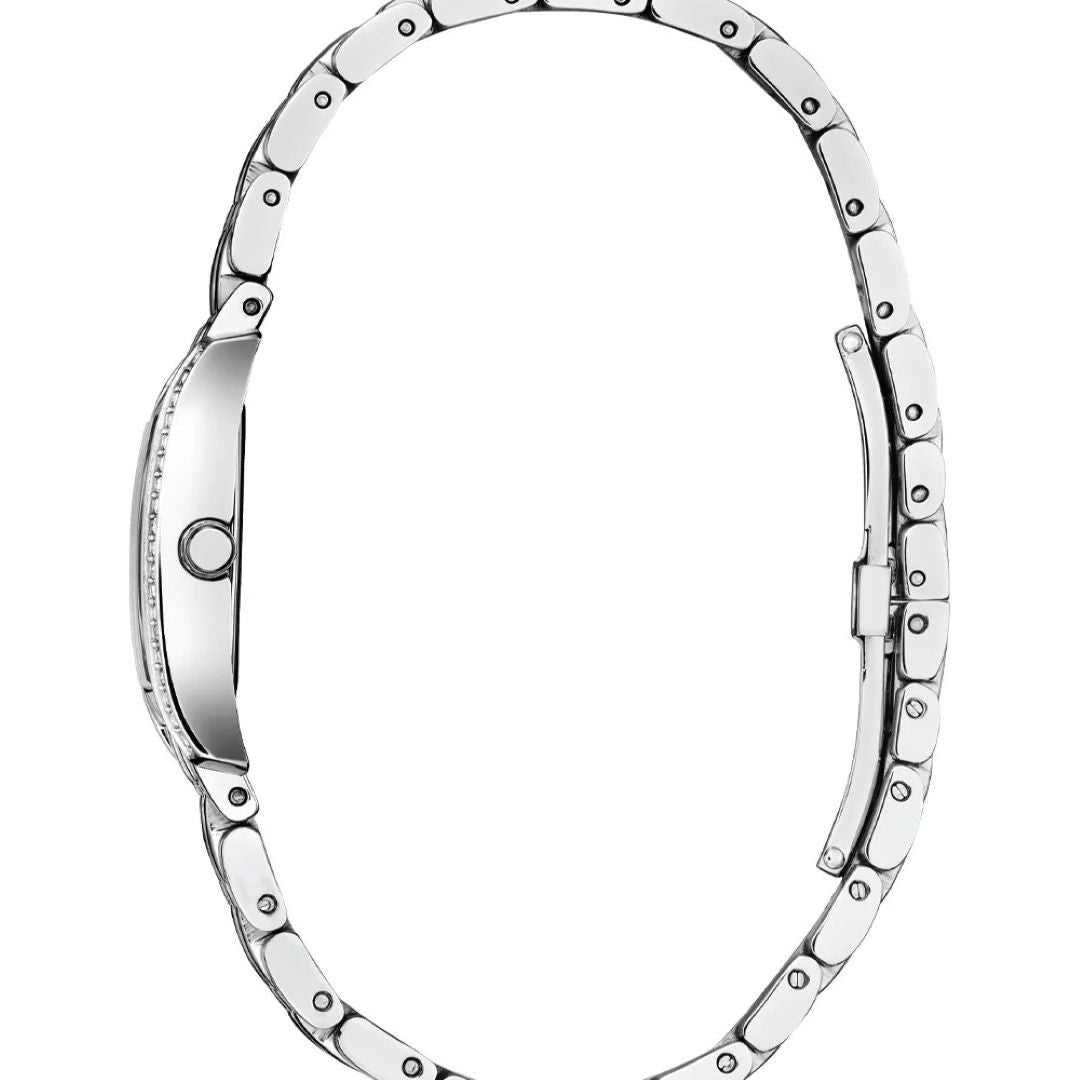 Stainless steel Ladies Eco-Drive crystal set Mother of Pearl Dial blue markers