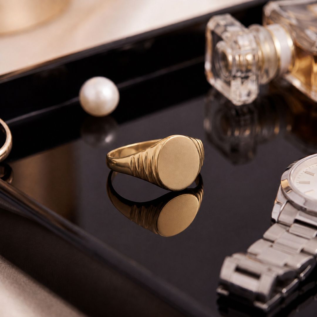 9ct Yellow Gold Oval Signet Ring with Ribbed Shoulders