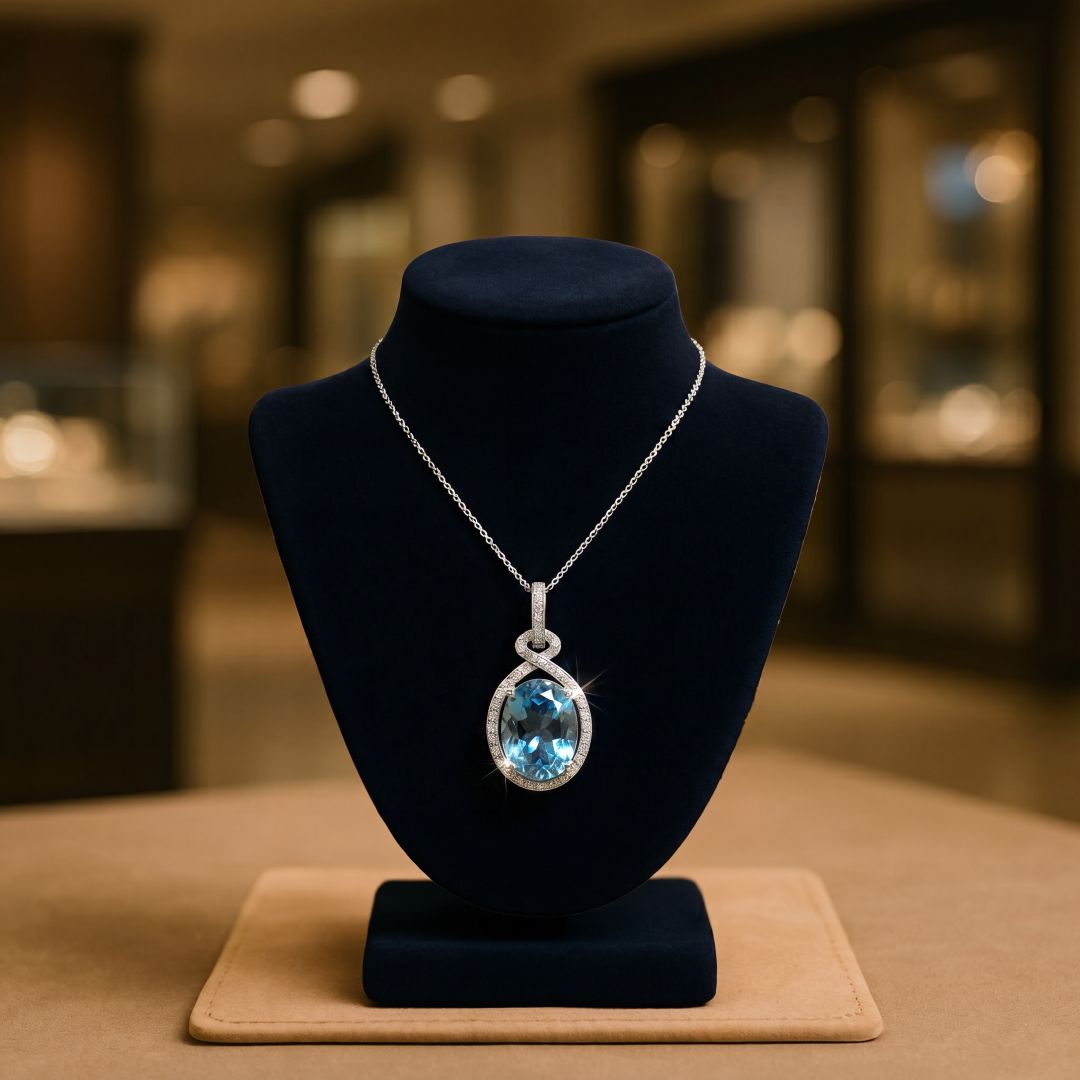 Large Oval Blue Topaz and Diamond Pendant