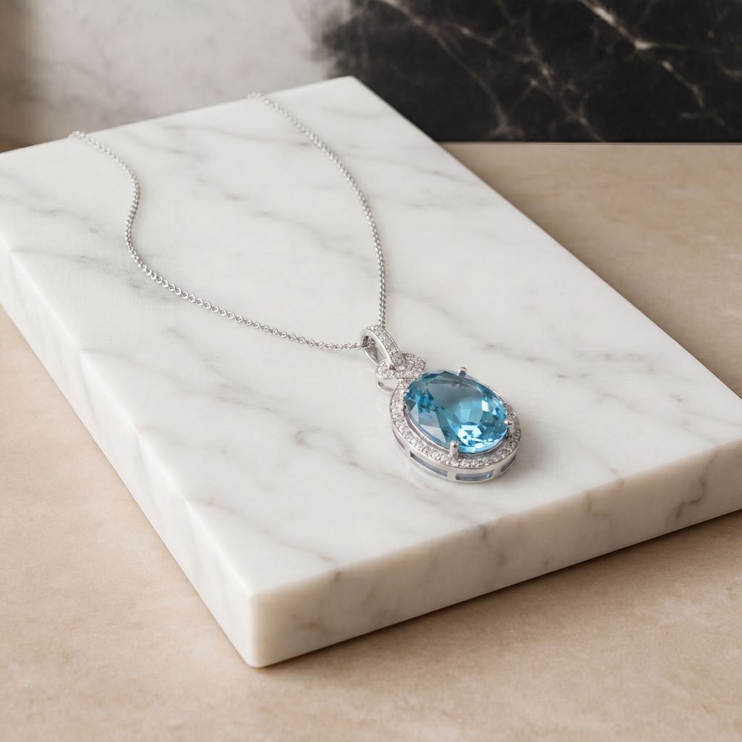 Large Oval Blue Topaz and Diamond Pendant