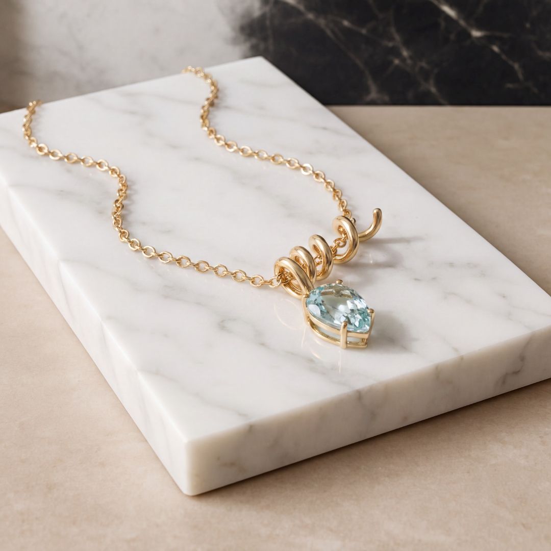 Handmade Gold Spiral Pendant with Pear Shape 4.73ct Aquamarine