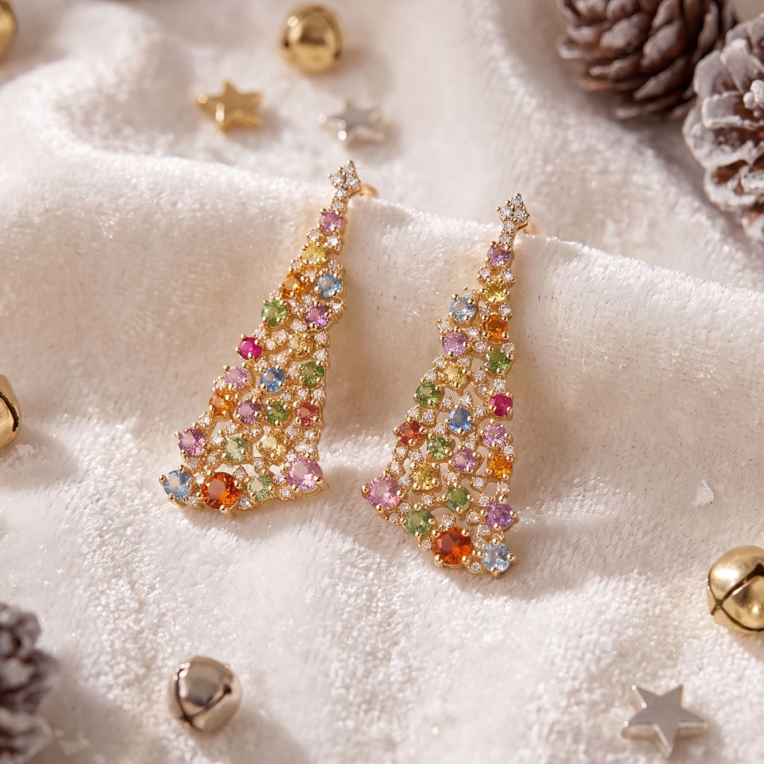 Multi-Coloured Sapphire and Diamond Drop earrings in 9ct Yellow Gold