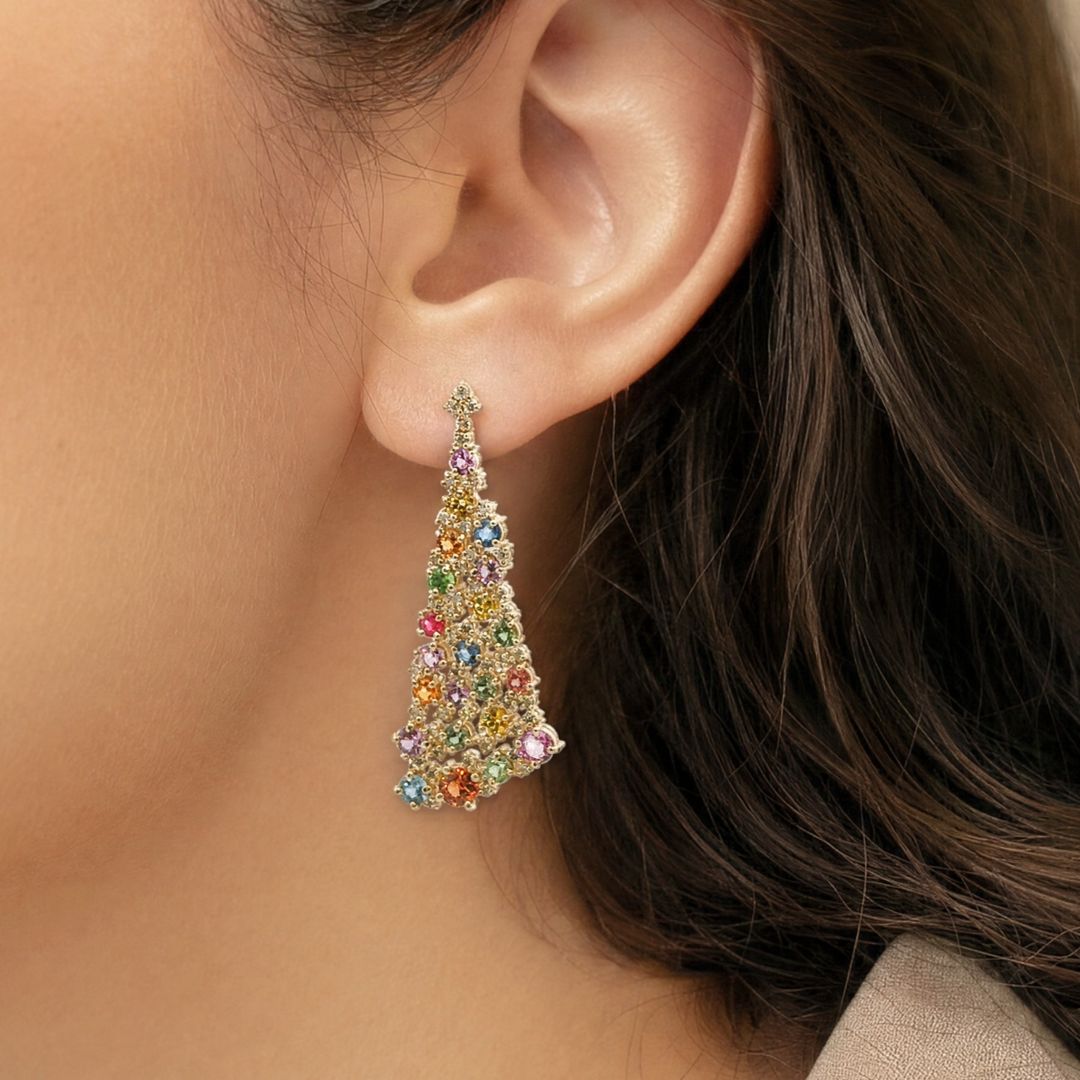 Multi-Coloured Sapphire and Diamond Drop earrings in 9ct Yellow Gold