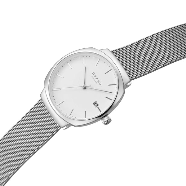 Obaku stainless steel watch with mesh strap and batons. white face