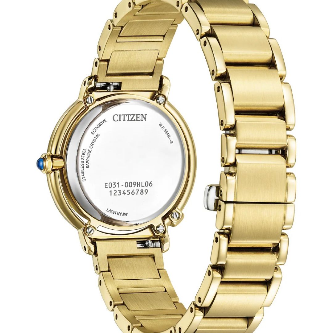 Gold Plated Diamond set Ladies Citizen Eco-Drive Translucent blue dial
