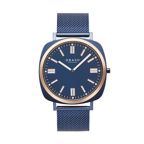 Ocean blue and rose gold Obaku watch with a mesh strap and sapphire crystal glass.