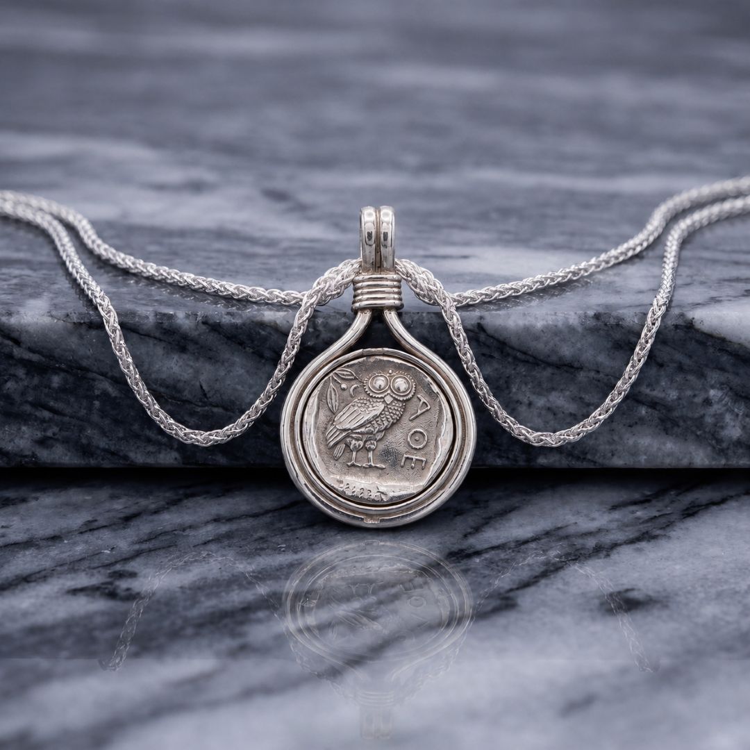 Sterling silver Oxideised Coin Pendant set in a sterling silver mount.