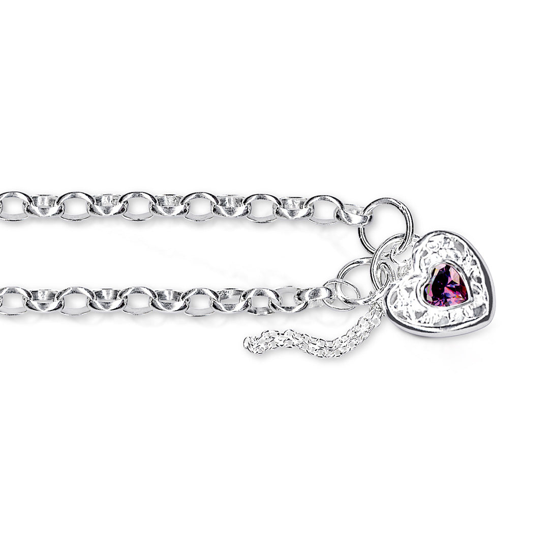 Silver Oval Belcher Filigree Padlock Bracelet Set With Natural Amethyst