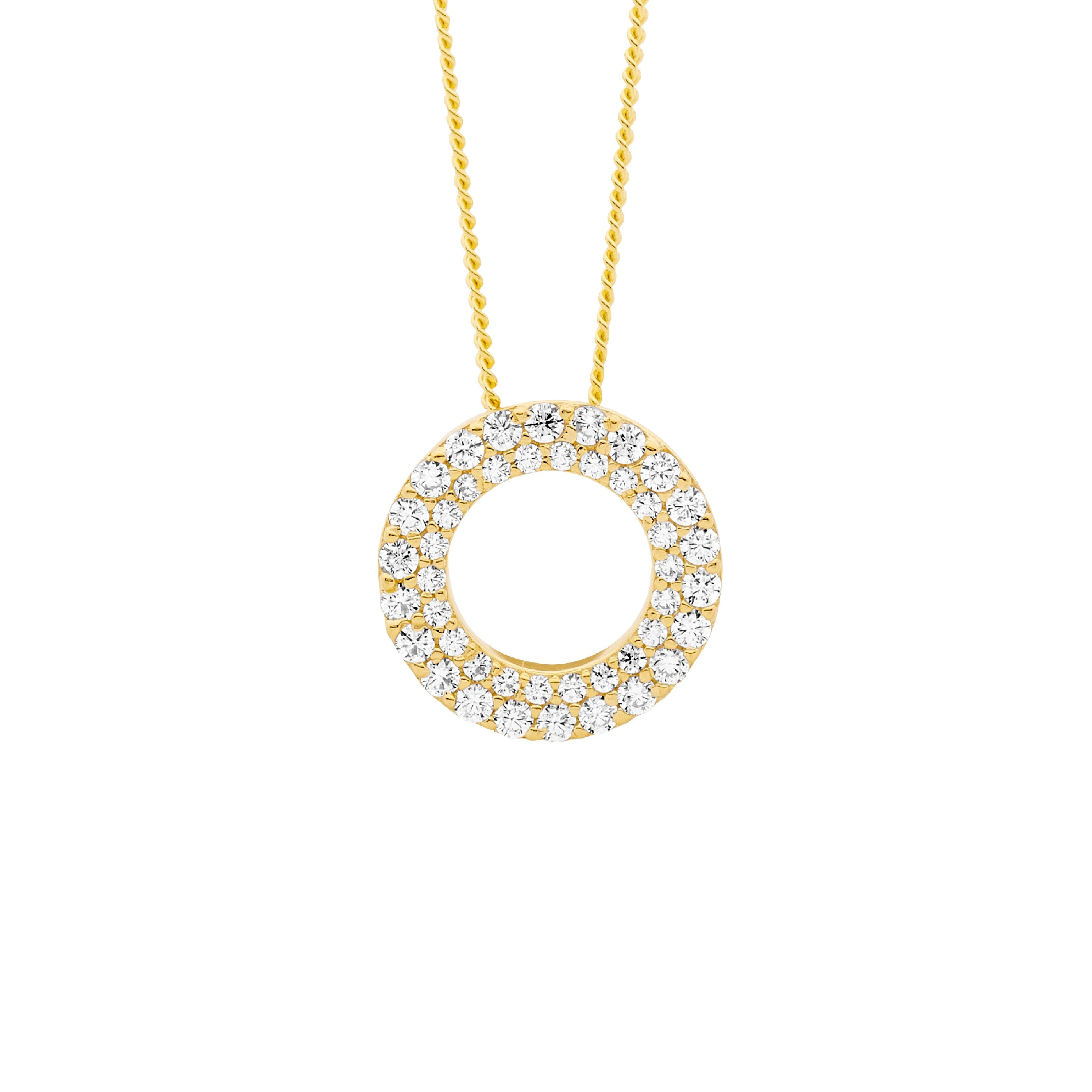 Silver Gold Plated 13mm Open Circle Double Row CZ set Pendant on Chain